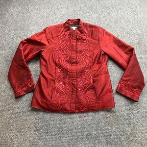 Chicos‎ Jacket Womens Red 1 US 8 Mandarin Collar Embroidered Pockets Shacket